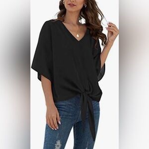 VIISHOW Womens Tie Front Chiffon Black Blouses V Neck Batwing Short Sleeve SZ 2X